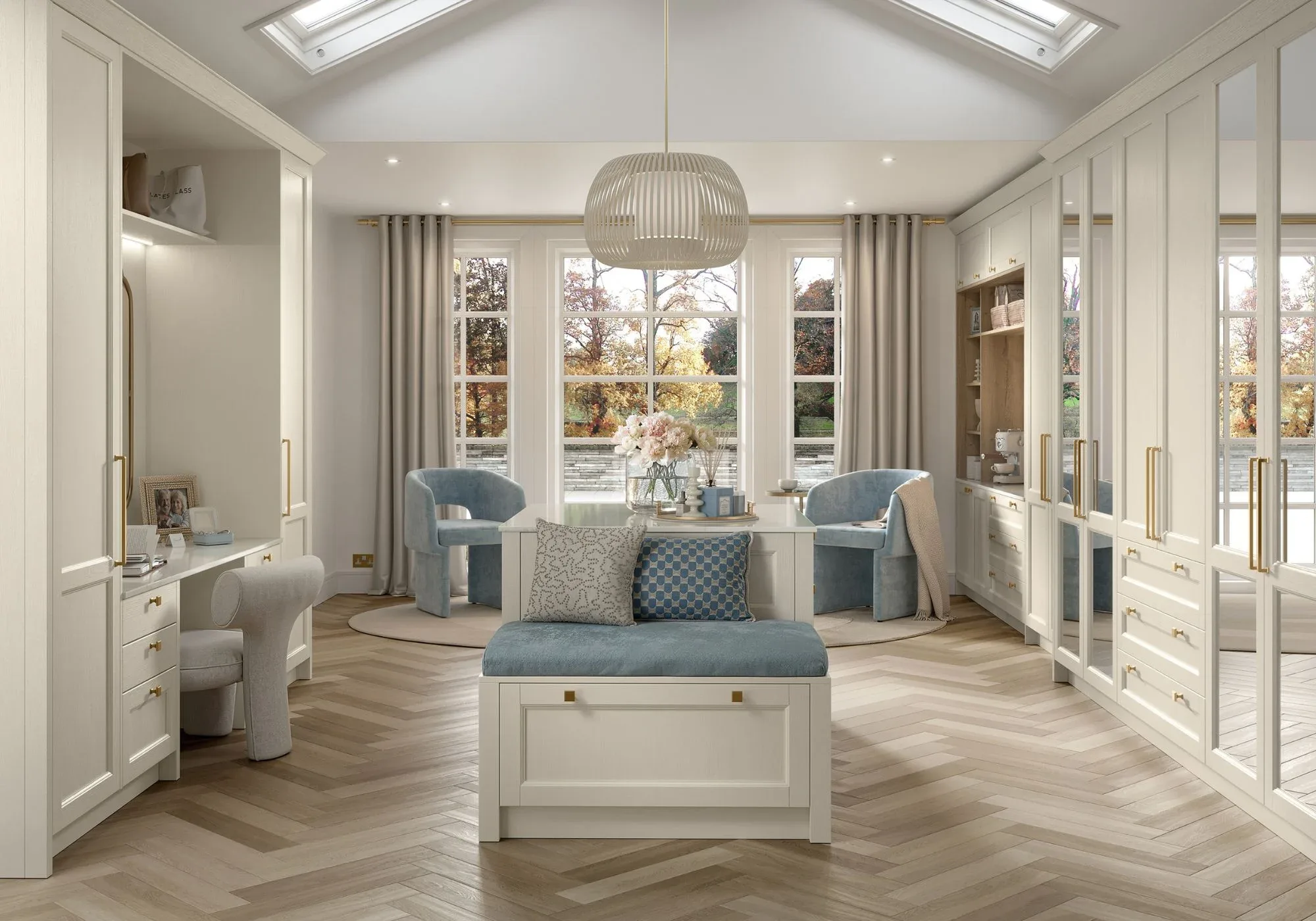 Cream bespoke bedroom suite with fitted wardrobes and window seat, photo-real render