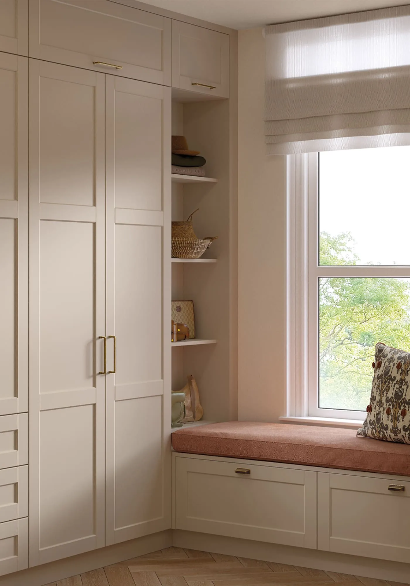 Bespoke fitted wardrobes wrapping a window seat, real installation