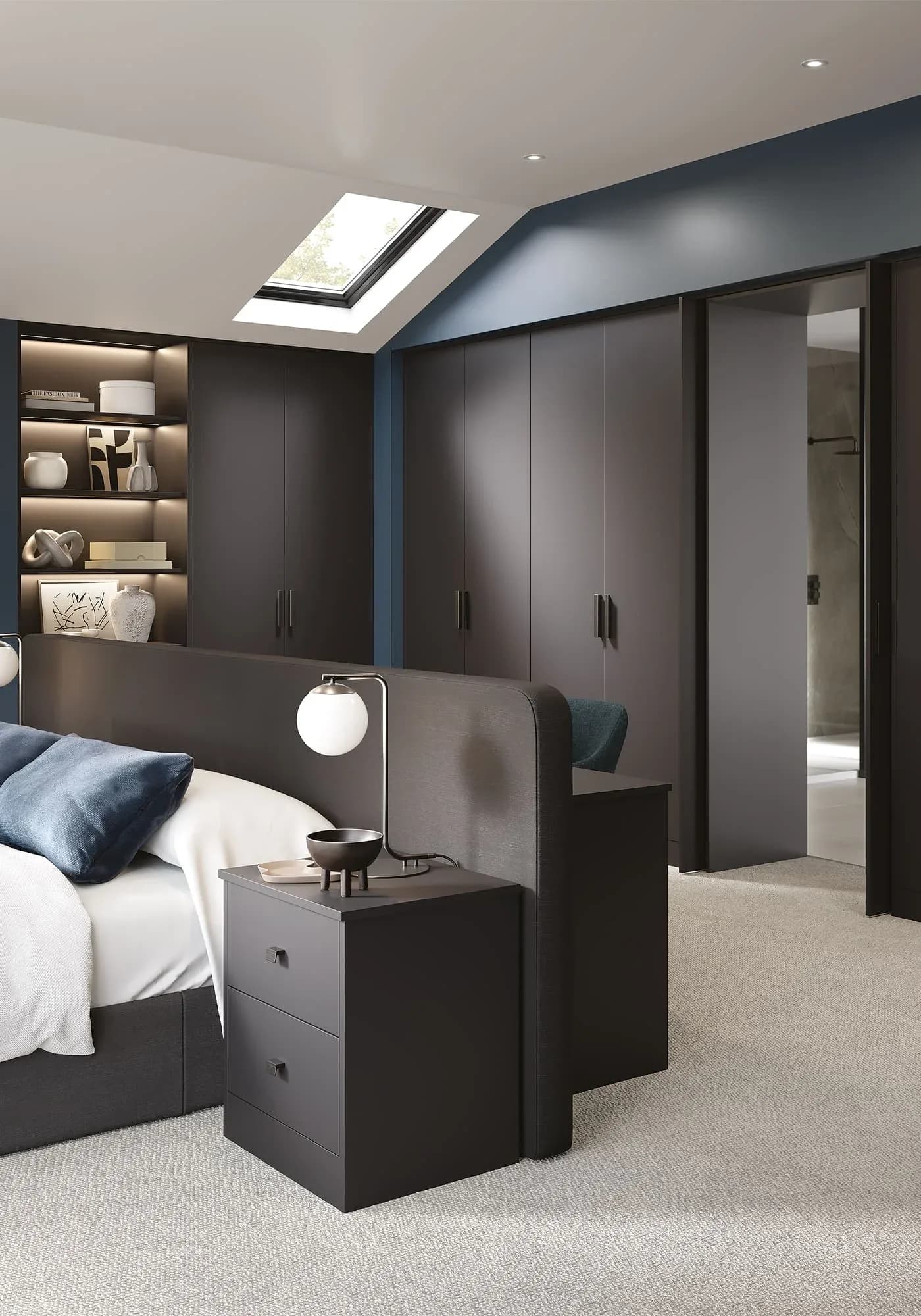 Graphite bespoke bedroom in a loft space, photo-real render