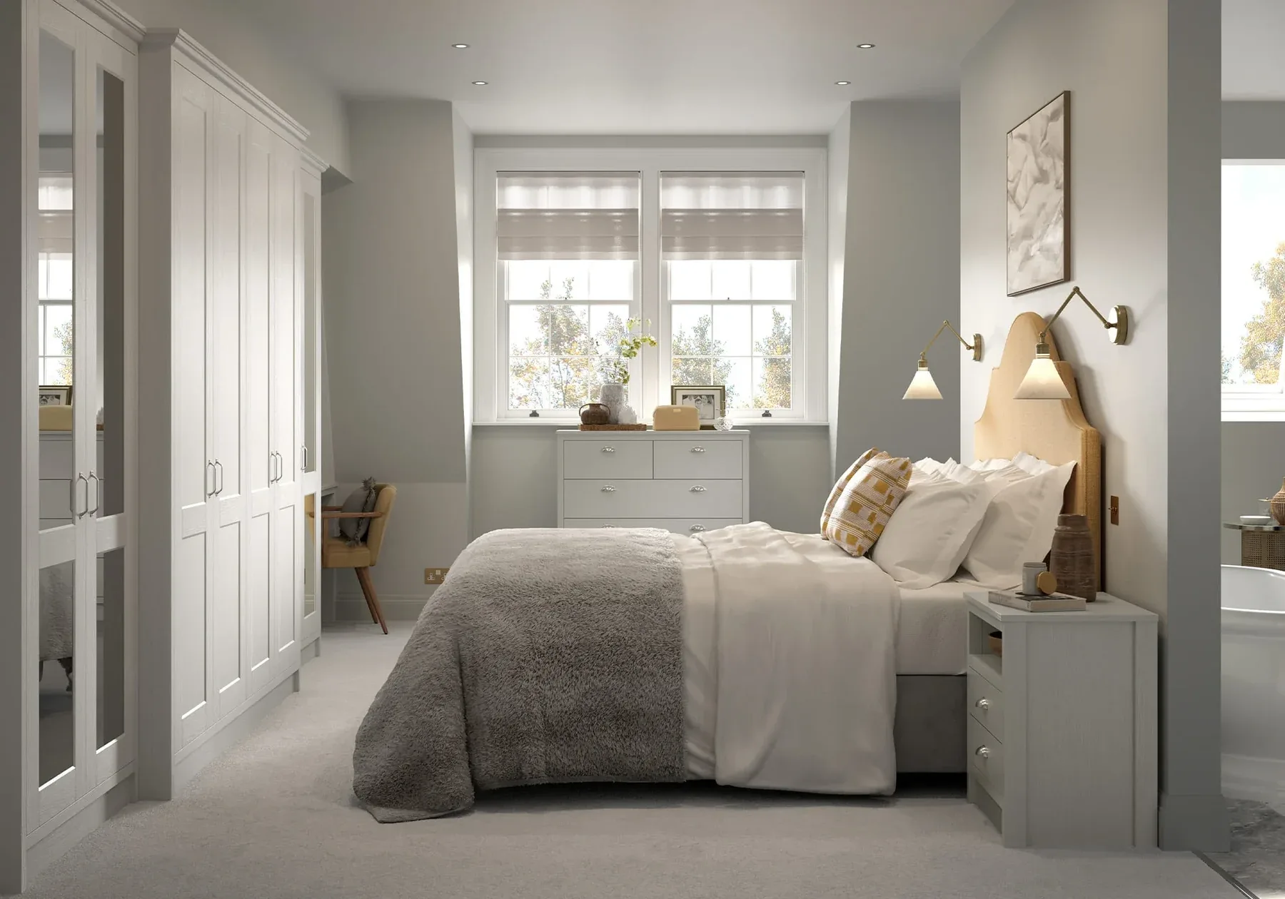 Light grey classic bespoke bedroom scheme, photo-real render