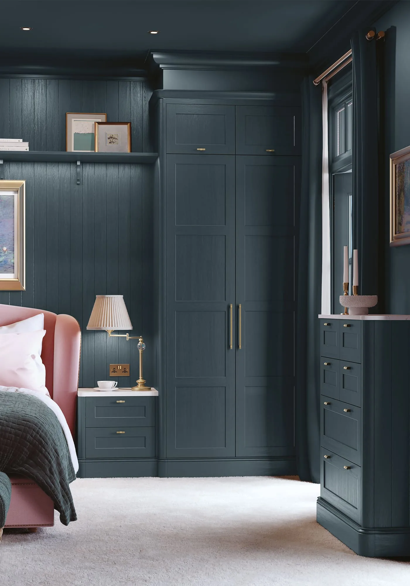 Navy bespoke fitted wardrobes in a panelled bedroom, real installation