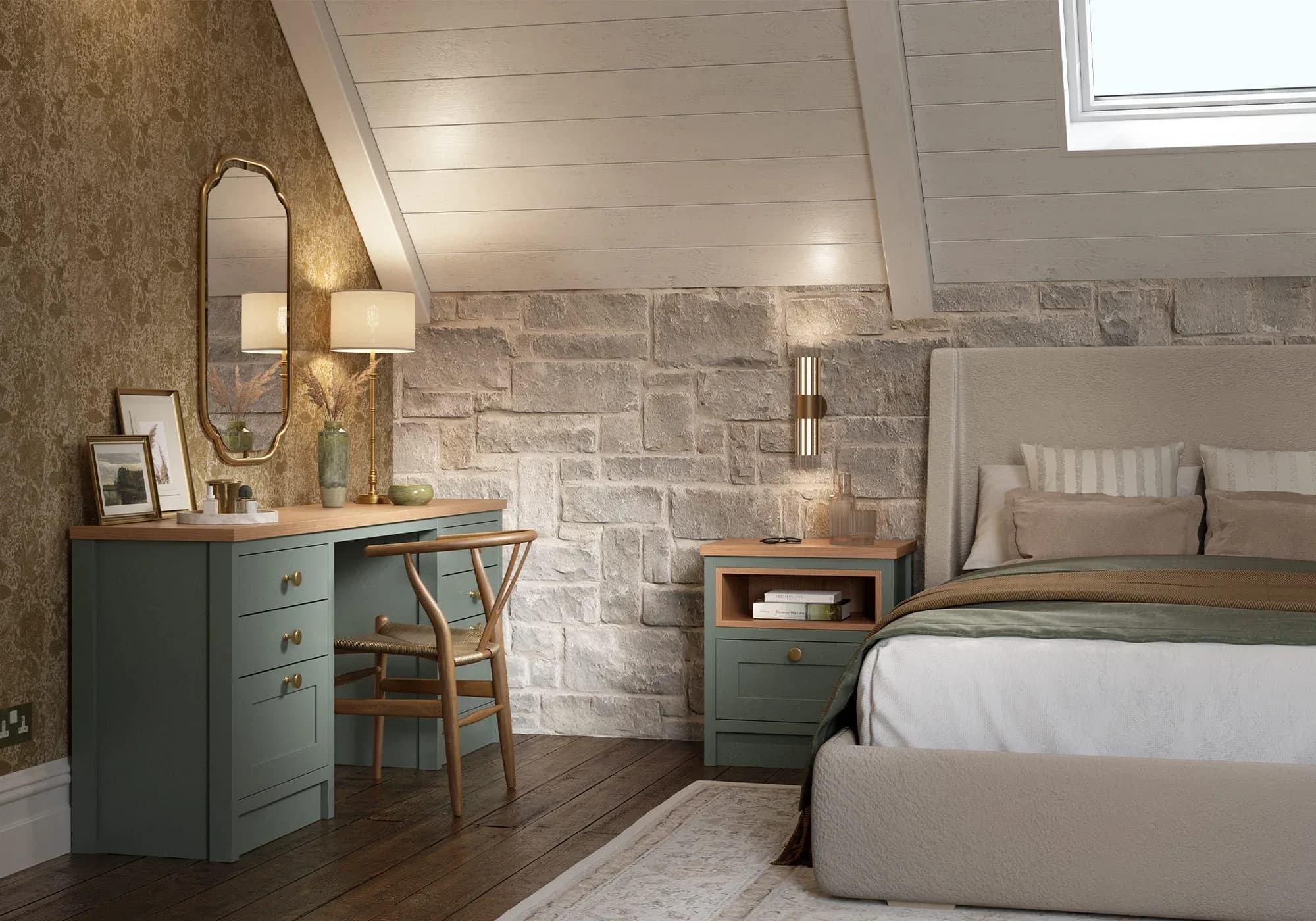 Sage dressing desk against an exposed stone wall, render
