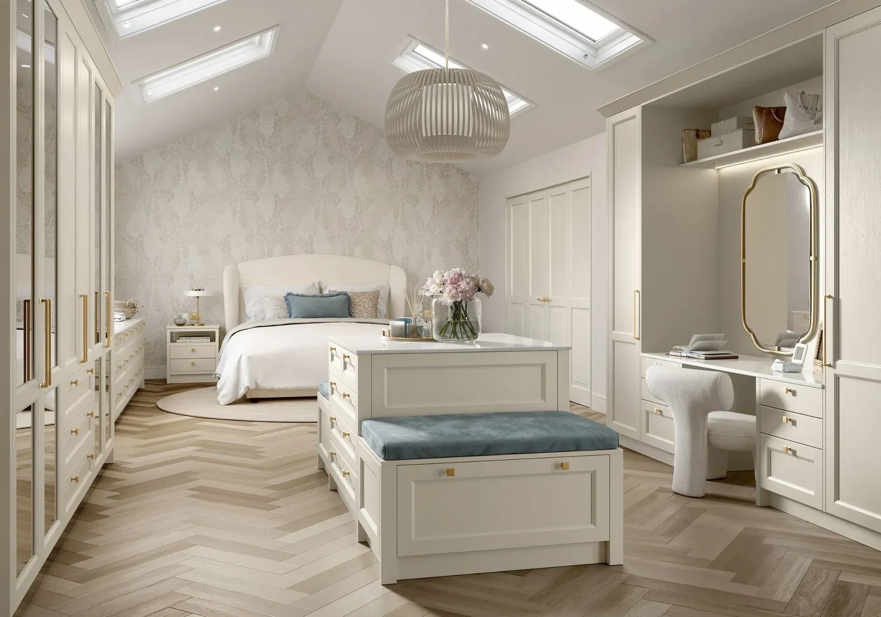 Photo-real render of a cream walk-in dressing room with an island, dressing table and herringbone floor
