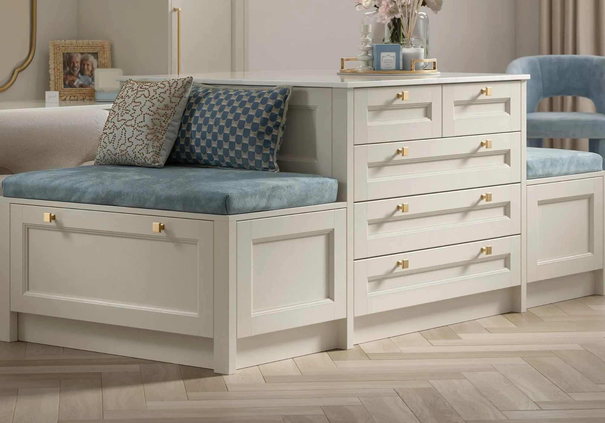 Window seat and chest of drawers with blue cushions, render